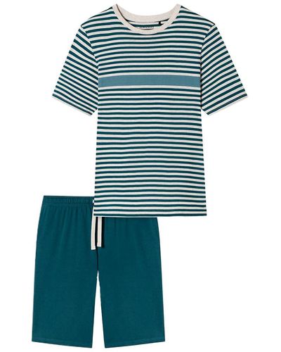 Schiesser Schlafanzug kurz Rundhals-Nightwear Set Pyjamaset - Blau