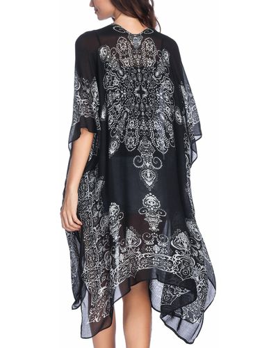 HIKARO Merk - Bloemenlange Kimono Vest Badmode Cover Ups Print Boho Strandbikini Aan De Voorkant Open Losse - Zwart