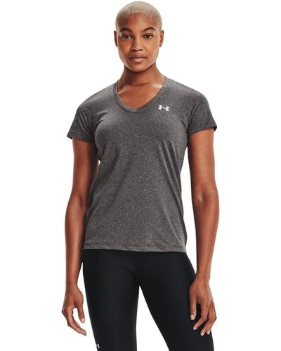 Under Armour Tech Short Sleeve V - Solid, Ademend Loopshirt Voor Vrouwen, Korte Mouwen Trainingsshirt Met Losse Pasvorm - Grijs