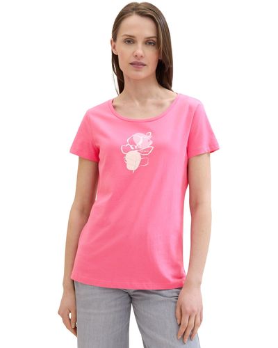 Tom Tailor Basic T-Shirt mit Blumen Print - Pink
