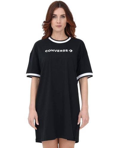 Converse Kleider Schwarz Kurzes Kleid mit Logo Stickerei und kontrastfarbenen Säumen