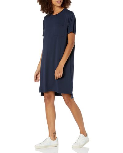 Amazon Essentials Robe T-Shirt à Une Poche à ches Courtes Coupe Oversize en Jersey Taille Unique - Bleu