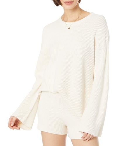 The Drop Alice Jersey Acanalado con Cuello Redondo y Abertura en la Espalda Pullover-Sweaters - Blanco