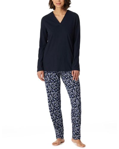 Schiesser Schlafanzug lang Baumwolle-Nightwear Pyjamaset - Blau