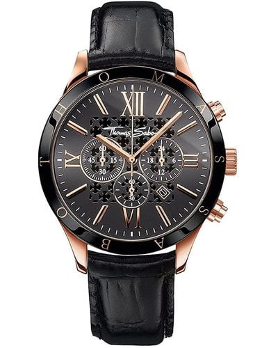 Thomas Sabo Rebel at Heart WA0186-213-203-43 Montre chronographe pour homme avec boîtier en acier inoxydable plaqué or rose - Noir