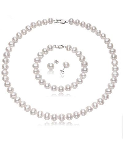 HIKARO Pearl Jewellery Set - 7-8mm Freshwater Pearl Necklace Bracelet And Stud Earrings - Metallic