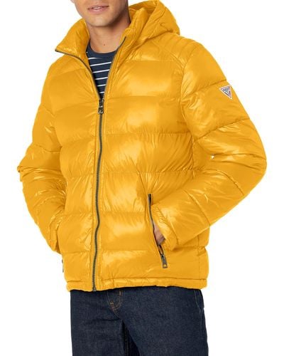 Guess Mens Mid-weight Puffer Jacket With Removable Hood - Yellow
