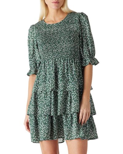 FIND Kleid Sommerkleid mit Blumenmotiv Gesmokt Partykleid Strandkleid Halber Arm Lagenförmiges Rüschenkleid lässig - Grün