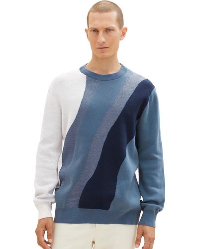 Tom Tailor Strick-Pullover mit Buntem Muster aus Bauwolle - Blau