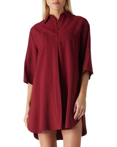 FIND Casual Oversized 3/4 Sleeve Button V Neck Shirt Dress Loose Long Blouse Tops - Red