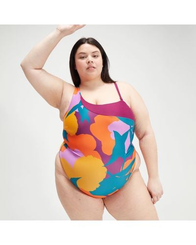 Speedo Printed Asymmetric Plus Size 1 Piece Swimsuit - Orange