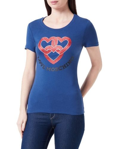 Love Moschino Tight-fit Short-Sleeved with digital Print on The Front T-Shirt - Blau