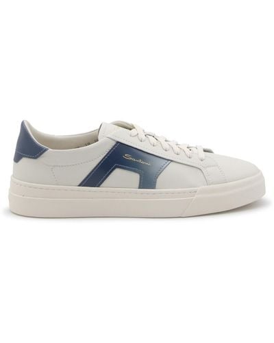 Santoni White And Blue Leather Buckle Sneakers