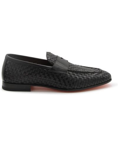 Santoni Leather Wowen Loafers - Black