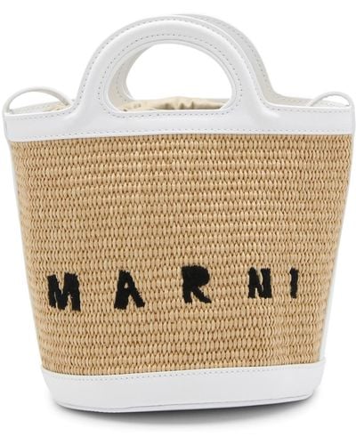 Marni White Leather And Beige Raffia Tropicalia Handle Bag - Metallic
