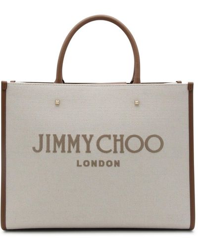 Jimmy Choo Natural And Taupe Canvas Avenue Medium Tote Bag - Metallic