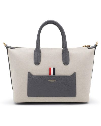 Thom Browne Canvas And Leather Tote Bag - Natural