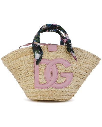 Dolce & Gabbana Pink And Natural Raffia Kendra Small Shopping Bag - Multicolor
