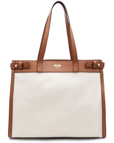 Moschino Ivory Canvas And Leather Tote Bag - Natural