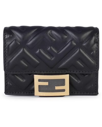 Fendi Black Leather Trifold Mini Baguette Wallet - Blue