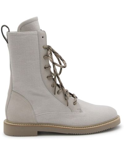Brunello Cucinelli Light Canvas And Suede Boots - Grey
