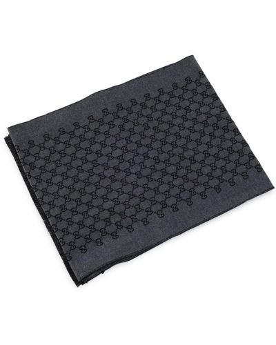 Gucci Anthracite And Black Wool gg Jacquard Scarf - Blue