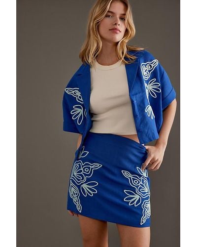 Significant Other Rosslyn Linen-blend Embroidered Mini Skirt - Blue