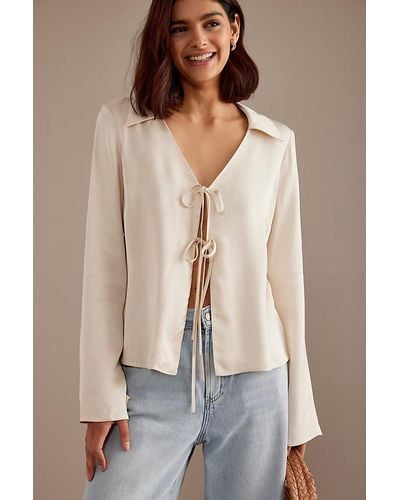 Anthropologie Satin Tie-front Blouse - Natural