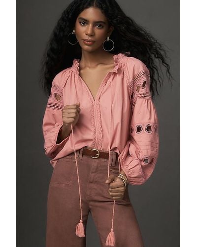 Forever That Girl Long-sleeve V-neck Cotton Peasant Blouse - Pink