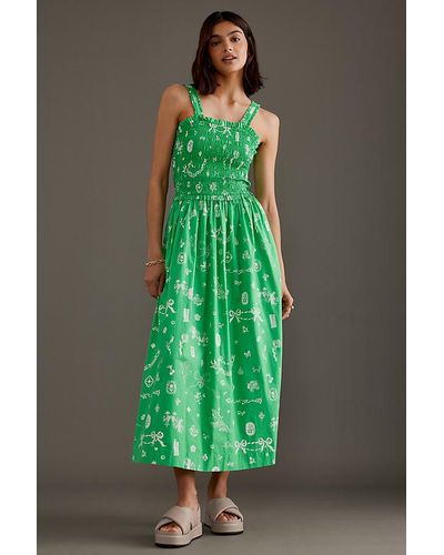 Damson Madder Keira Sleeveless Smocked Midi Dress - Green