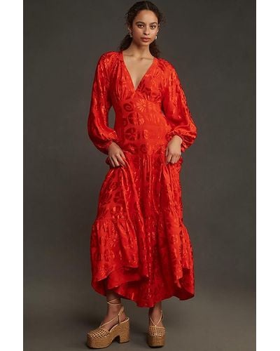FARM Rio Long-sleeve V-neck Jacquard Maxi Dress - Red