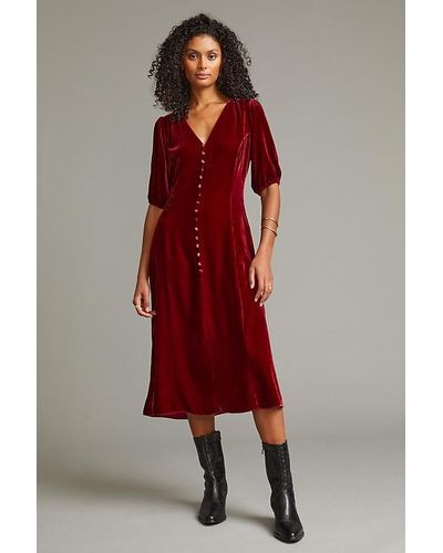 Anthropologie Velvet Button-through Midi Dress - Red