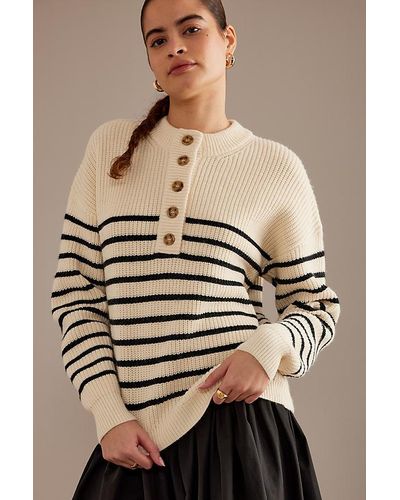 Anthropologie Stripe Placket Crew Neck Jumper - Natural