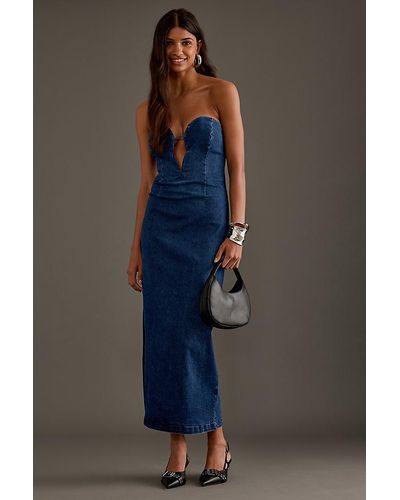 Bardot Eleni Strapless Plunge Denim Midi Dress - Blue