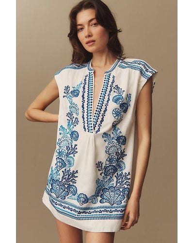 Maeve Embroidered Linen Tunic Dress - Blue