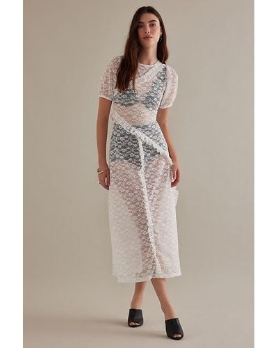 Damson Madder Short-sleeve Ruffle Sheer Lace Midi Dress - Natural