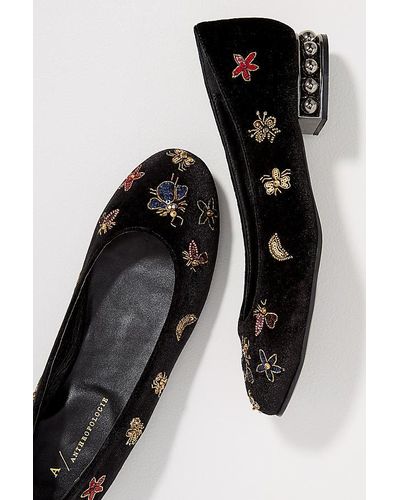 Anthropologie Embellished Faux Pearl-heeled Velvet Court Shoes - Black