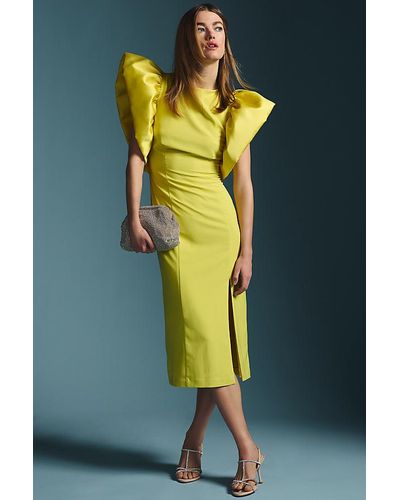 Hutch Puff-sleeve Slim Midi Dress - Yellow