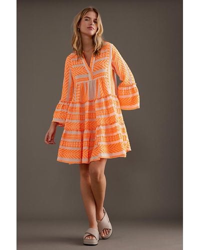 Devotion Ella Orange Flared-sleeve Tiered A-line Mini Dress