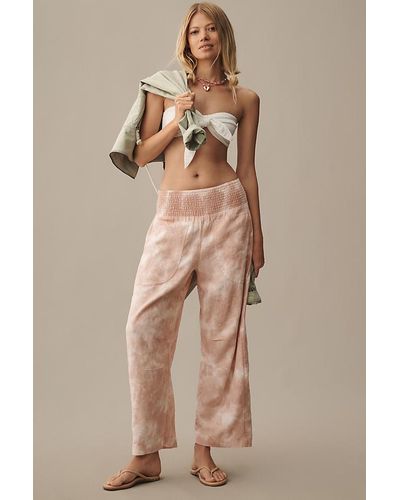 Pilcro Pull-on Tie-dye Smocked Linen Tapered Trousers - Natural