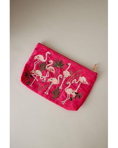 Elizabeth Scarlett Flamingo Embroidered Velvet Pouch - Pink