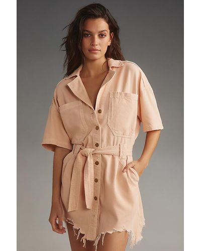 Pilcro Short-sleeve Destructed Denim Mini Dress - Brown