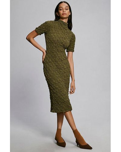 Maeve Short-sleeve Scrunch-textured Midi Dress - Brown