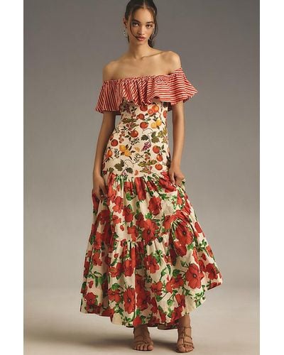 Maeve Off-the-shoulder Mixed-print Midi Dress - Multicolour