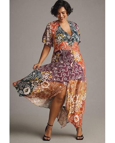 Anthropologie By V-neck Flutter-sleeve Buttoned Handkerchief Maxi Dress - Multicolour