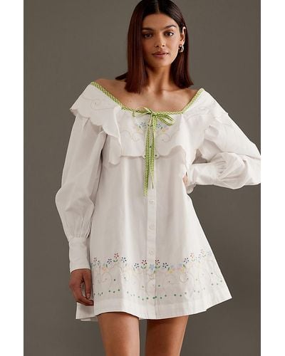 Damson Madder Mala Puff-sleeve Embroidered Mini Dress - White