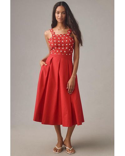 Maeve Crochet Halter Poplin Midi Dress - Red