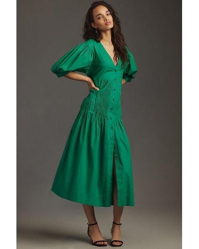 Maeve Puff-sleeve Pintuck Drop-waist Midi Dress - Green