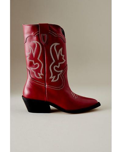 Anthropologie By Suede Leather Western Cowboy Boots - Red