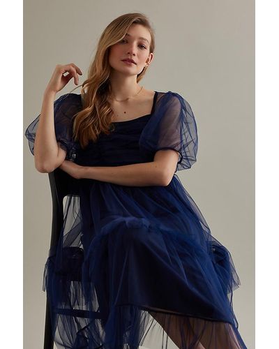 Anthropologie Orla Square Neck Tulle Midi Dress - Blue